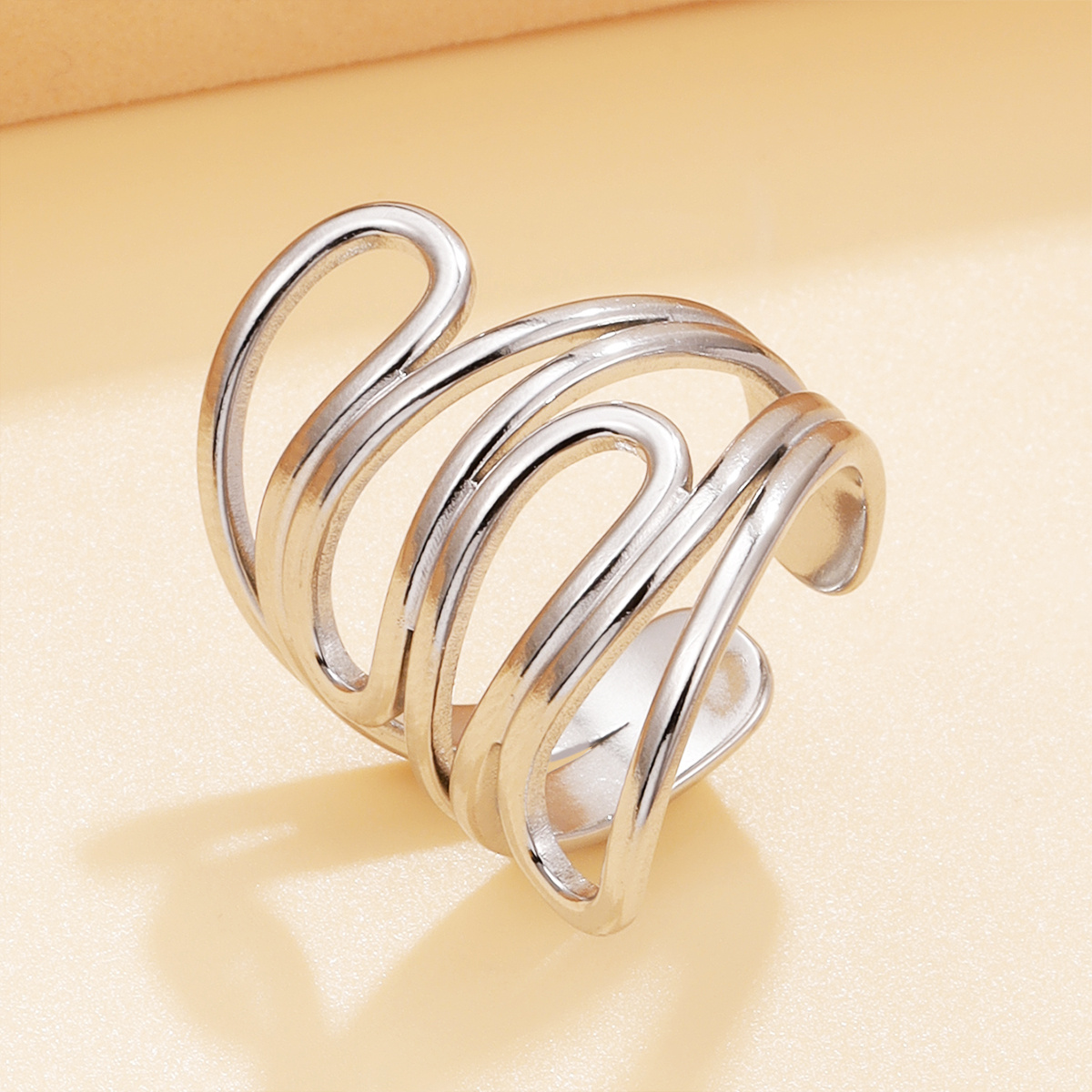 Women's Irregular Line Open Ring, 304 Stainless Steel Polished Finish